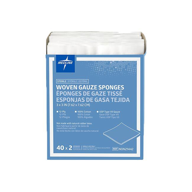 Box of Woven Gauze Sponges containing 40 packages of 2 gauze each.