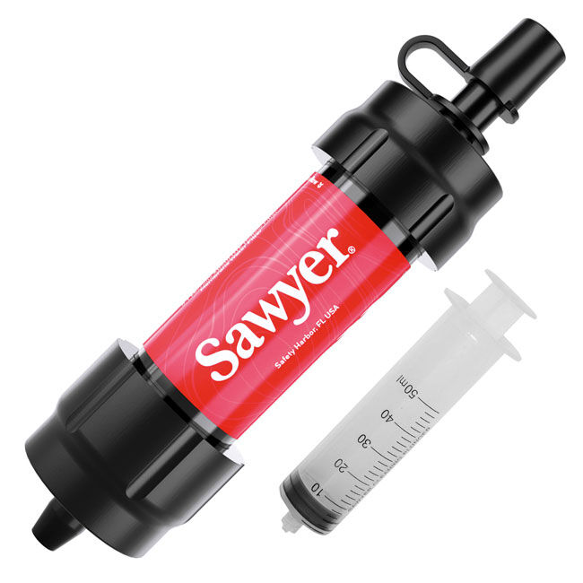 Sawyer Mini Water Filter in red and black with hollow fiber membrane, shown with included cleaning plunger for backwashing.