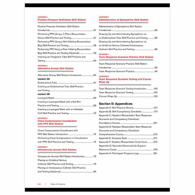 Neonatal Advanced Life Support Instructor's Manual front cover showing positive pressure ventilation skill, alternative airway skill, chest compressions coordinated with ppv skill, intravascular access skill, administration of epinephrine skill.