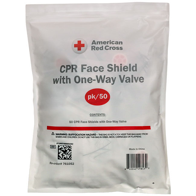 Packaging for the 50-Pack CPR Face Shield with One-Way Valve.