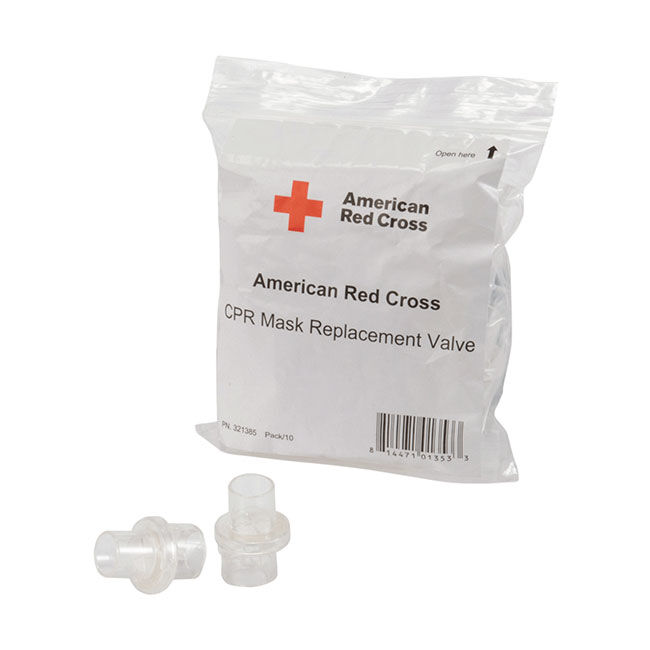 Two CPR Mask Replacement Valves next to the packaging with the American Red Cross logo.