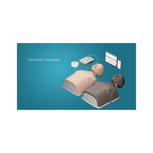 3 Brown Little Anne QCPR Enabled Adult CPR Manikins and 3 Tan Little Anne QCPR Enabled Adult CPR Manikins Laid Flat Next to a Carrying Case.