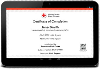 Red Cross certification of completion on a tablet